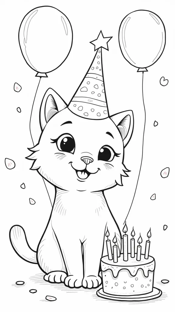 Feliz cumpleaños Cat Coloring Página